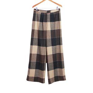 Yihua Brown Plaid Wool Blend Wide Leg Vintage Trousers